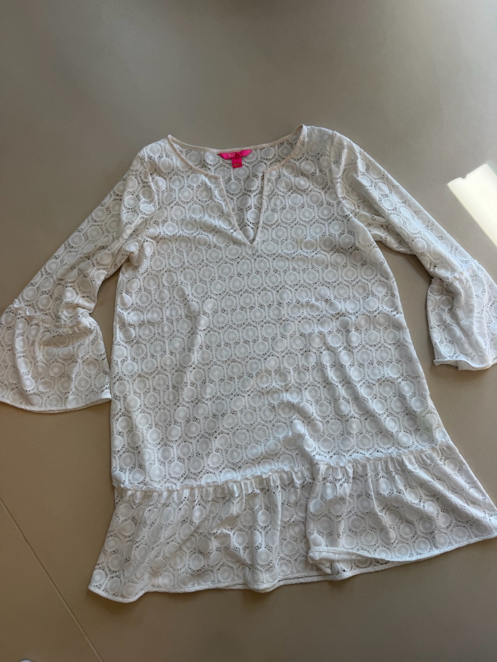 Lilly Pulitzer White Eyelet Lace Ruffle Hem Tunic Dress Cover Up Sz L